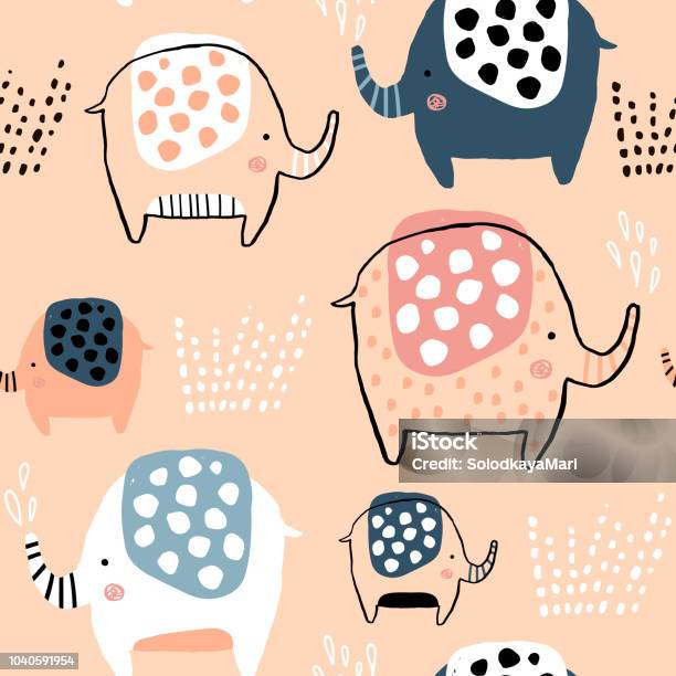 Seamless Pattern With Cute Ink Drawn Elephants Creative Childish Texture Great For Fabric Textile Vector Illustration Stock Illustration - Download Image Now