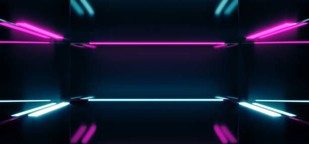 istock Futuristic Sci-FI Empty Dark Reflective Modern Stage Room With Blue And Purple Glowing Neon Lights Wallpaper Background 3D Rendering 1040600024
