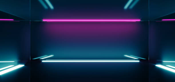 istock Futuristic Sci-FI Empty Dark Reflective Modern Stage Room With Blue And Purple Glowing Neon Lights Wallpaper Background 3D Rendering 1040600046