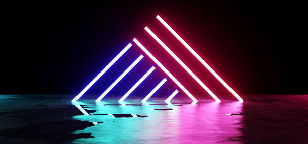 istock Futuristic Sci-Fi Modern Empty Stage Reflective Concrete Wet Water Room With Purple And Blue Glowing Neon Tubes Shape Empty Space Wallpaper 3D Rendering 1040600758