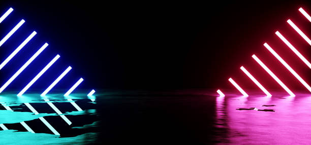istock Futuristic Sci-Fi Modern Empty Stage Reflective Concrete Wet Water Room With Purple And Blue Glowing Neon Tubes Shape Empty Space Wallpaper 3D Rendering 1040600772