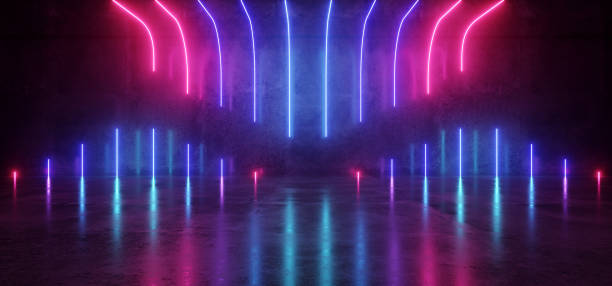istock Futuristic Sci-Fi Modern Empty Stage Reflective Concrete Room With Purple And Blue Glowing Neon Tubes Shape Empty Space Wallpaper Background 3D Rendering 1040600824