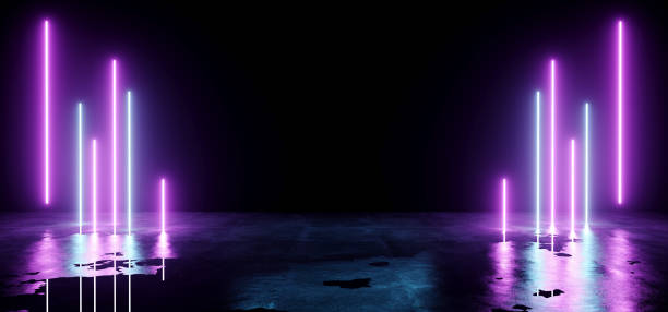 istock Futuristic Sci-Fi Modern Empty Stage Reflective Concrete Wet Water Room With Purple And Blue Glowing Neon Tubes Shape Empty Space Wallpaper 3D Rendering 1040600846