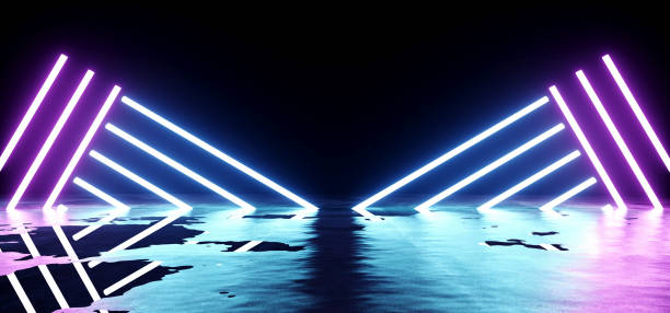 istock Futuristic Sci-Fi Modern Empty Stage Reflective Concrete Wet Water Room With Purple And Blue Glowing Neon Tubes Shape Empty Space Wallpaper 3D Rendering 1040600868