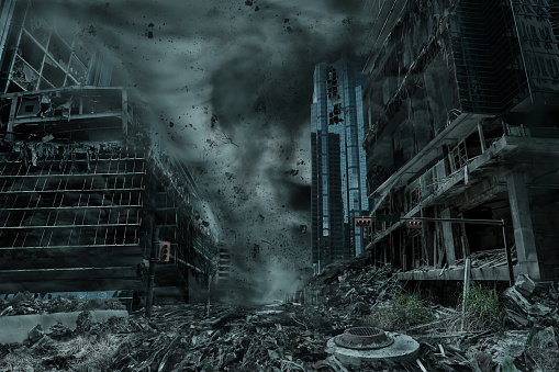A cinematic portrayal of a city destroyed by a typhoon, hurricane or tornado twister. Concept of nature's destruction of a fictitious disaster scene. The image was created in Photoshop and composed from several photos that I took over a period of time (attached for reference)
