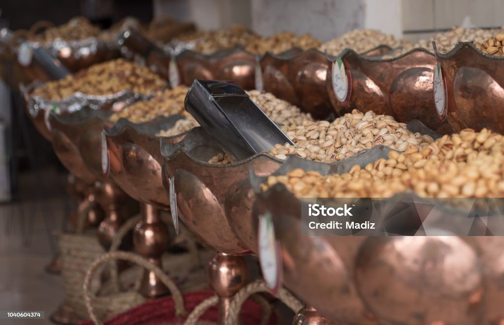 pistachios Detail of the traditional local pistachios and almonds market. Iran, Ahvaz. Bazaar Market Stock Photo