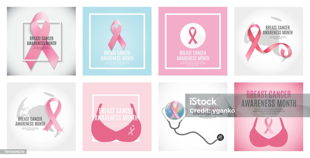 Brust Krebs Bewusstsein Monat Pink Ribbon Collection im Hintergrund eingestellt Vektor-Illustration - Lizenzfrei Abzeichen Vektorgrafik
