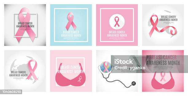 Brust Krebs Bewusstsein Monat Pink Ribbon Collection Im Hintergrund Eingestellt Vektorillustration Stock Vektor Art und mehr Bilder von Abzeichen