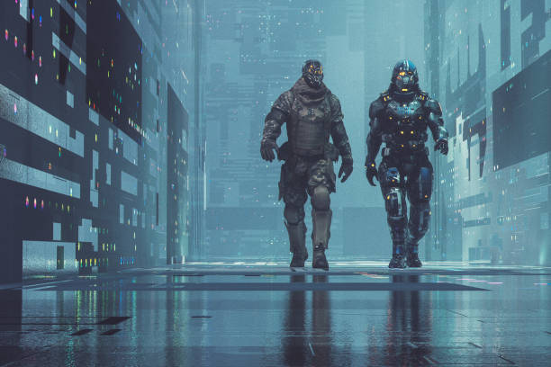 deux soldats de cyborg, promenade dans la ville futuriste - paramilitary photos et images de collection