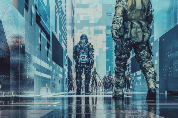 istock Two cyborg soldiers against zombie hordes 1040614668
