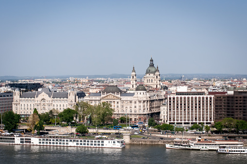 A view of the Danube River, historical buildings of Budapest and the western facade of the Basilica of St. Stephen.