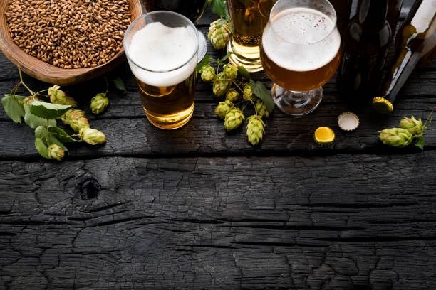 botella y vaso de cerveza con cerveza ingredientes. - rustic beer brewery indoors fotografías e imágenes de stock