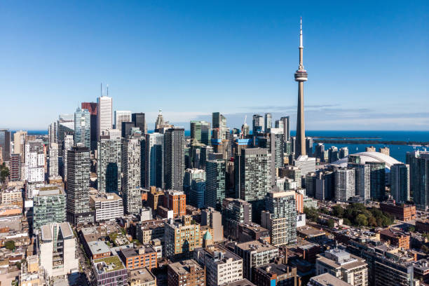 Aerial View of Downtown Toronto on a Sunny Day, Ontario, Canada Aerial view of Toronto cityscape showing Downtown buildings on a sunny day in Toronto, Ontario, Canada. canadian culture photos stock pictures, royalty-free photos & images