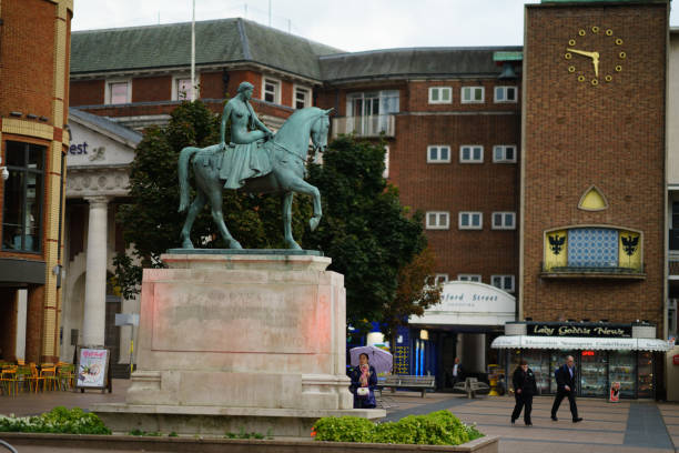 Coventry Town Centre Lady Godiva Statue Coventry, UK - September 14th, 2018 : Coventry Town Centre, Lady Godiva, a statue by Sir William Reid Dick unveiled at midday on 22 October 1949 in Broadgate, Coventry coventry godiva stock pictures, royalty-free photos & images