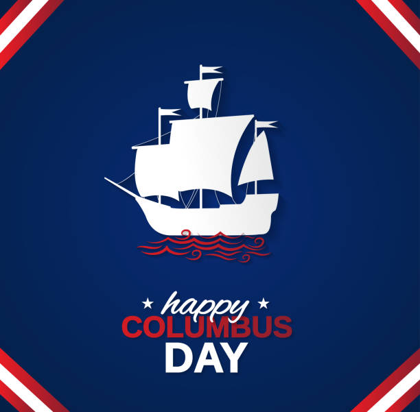 istock Happy Columbus Day blue poster, banner or background with ship. Vector illustration. 1040670150
