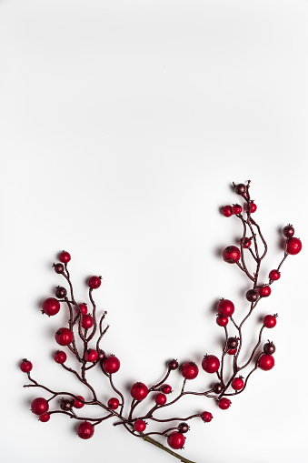 Red berries holly on white. Red Christmas ornaments frame. Image of Christmas. Top view with copy space.