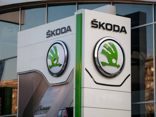 Skoda logo on their main dealership store Belgrade. Skoda is a Czech car and automotive manufacturer part of the Volkswagen group stock photo
