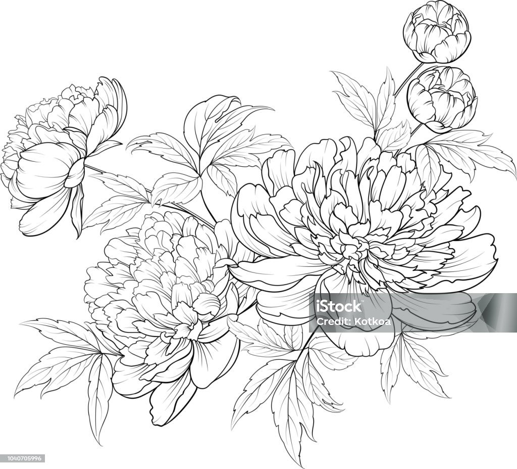 Ramo de primavera flores de guirnalda de flores de estilo de contorno. - arte vectorial de Flor libre de derechos