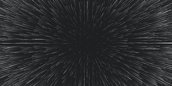 Vector lightspeed travel background. Centric motion of star trails. Light of galaxies blurred into rays or lines under high speed of motion. Burst, explosion backdrop