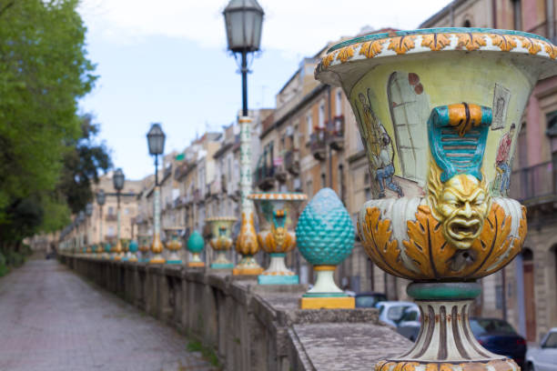 Caltagirone, Sicily: Town park with antique majolica pottery. Caltagirone is famous for the production of tiles and majolica and is part of the Val di Noto UNESCO World Heritage Site.