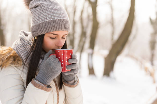 istock Woman drinking tea in the snow 1040732208