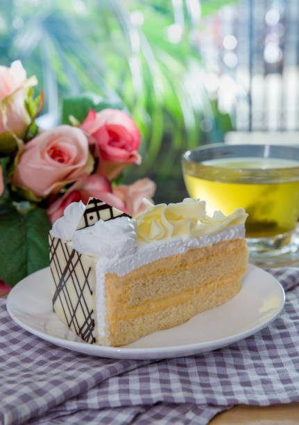 istock White chocolate cake in white plate - close-up 1040806618