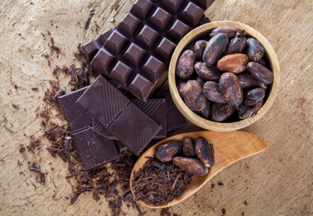 istock Raw cocoa beans, chocolate on wood background 1040808600