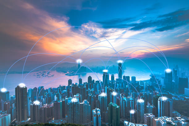 istock Modern cityscape and linking communication network, communication concept. 1040813322