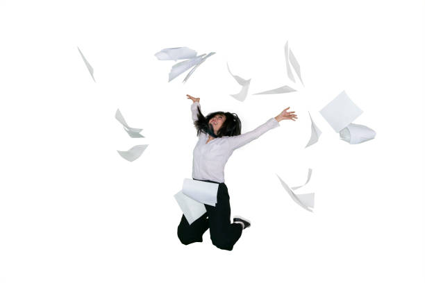 istock Successful businesswoman jumps with documents 1040813606