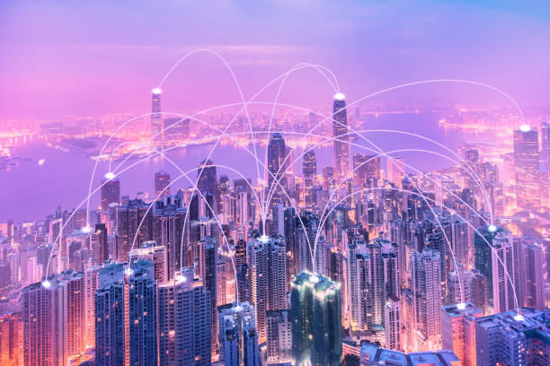 istock Modern cityscape and linking communication network in violet tone, communication concept. 1040813616