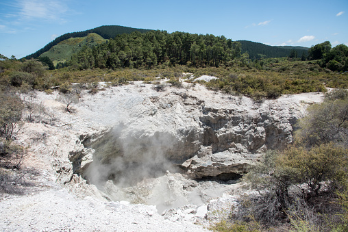 Stunning and rugged landscape with natural flora at the geothermal area Wai-o-Tapu in Rotorua, New Zealand