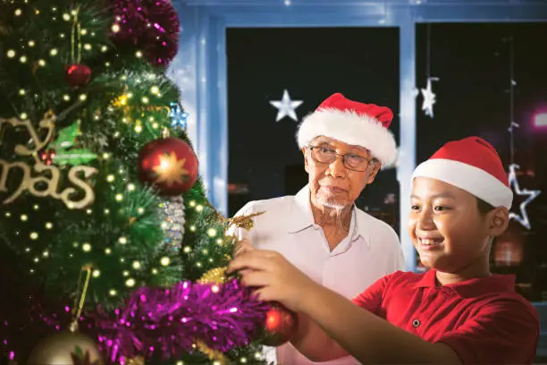 Image of old man and his grandson decorating a tree to prepare Christmas day. Shot at home