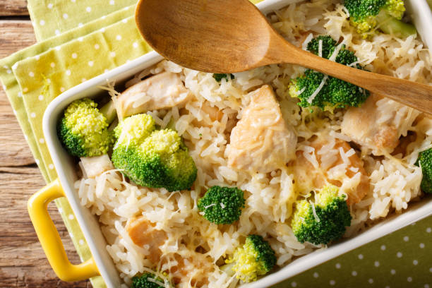 istock Rice baked with broccoli, chicken and cheese macro. horizontal top view 1040834716