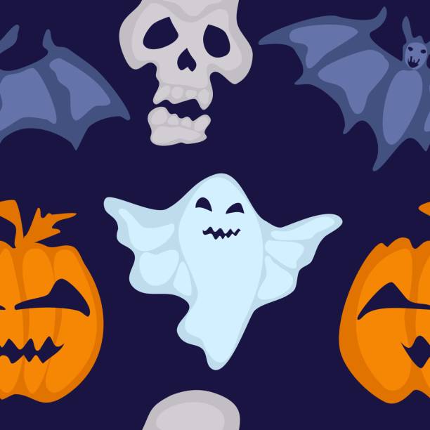 ilustraciones, imágenes clip art, dibujos animados e iconos de stock de patrones sin fisuras de halloween con murciélagos y traer - animal skeleton illustrations