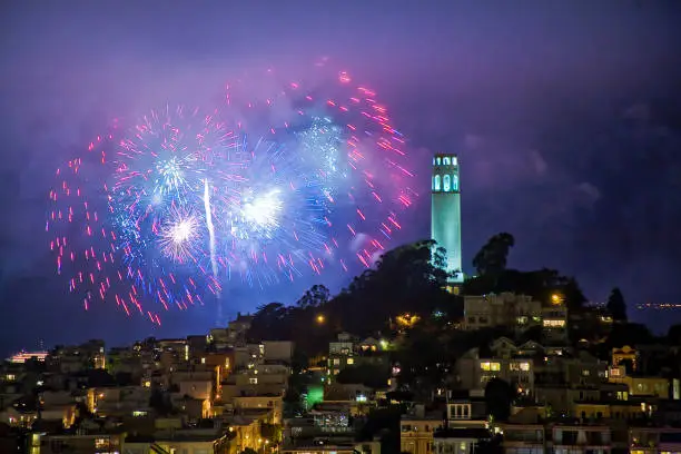 The 4th of July celebration in San Francisco with the Coit Tower in the foreground