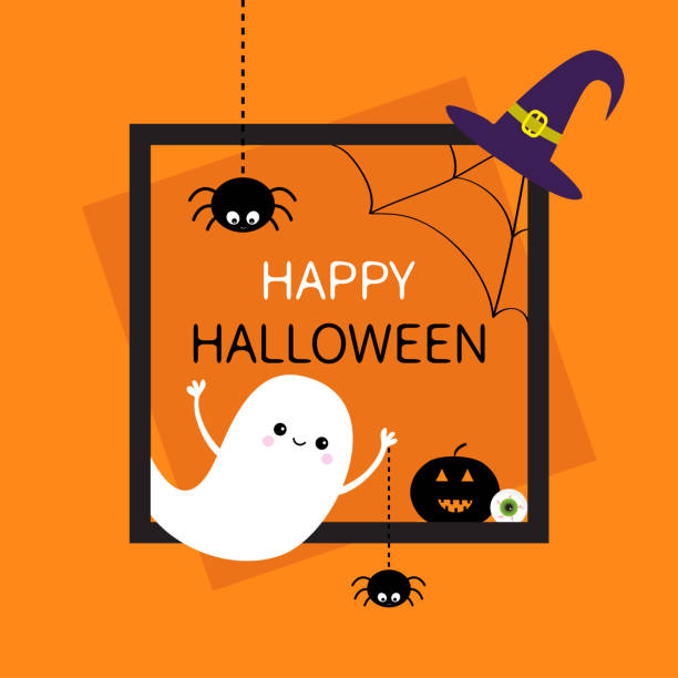 Happy Halloween. Square frame. Flying ghost, monster head silhouette. Black spider dash line. Pumpkin, eyeball, witch hat. Cute cartoon baby character Flat design Orange background Happy Halloween. Square frame. Flying ghost, monster head silhouette. Black spider dash line. Pumpkin, eyeball, witch hat. Cute cartoon baby character Flat design Orange background Vector illustration black hat upside down stock illustrations