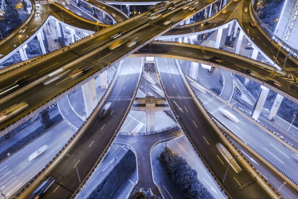 istock aerial view of highway interchange at night 1040853232