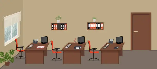 Vector illustration of Office room with brown desks and red chairs