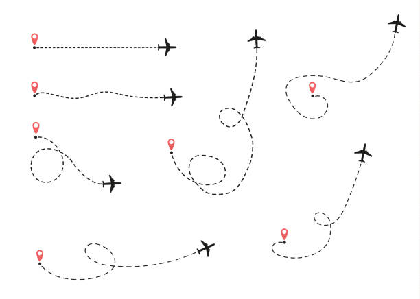 flugzeug ist in eine gepunktete linie. - flugzeugperspektive stock-grafiken, -clipart, -cartoons und -symbole