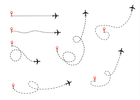 The airplane is in a dotted line. The flying apartment is black. The waypoint is for a tourist trip. and his track on a white background. Vector illustration.tourism and travel.