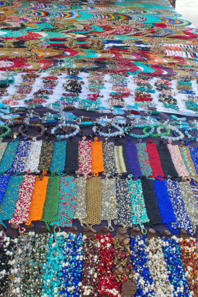 Rows of beaded jewelry at the Artisan's Market in Otavalo, Ecuador