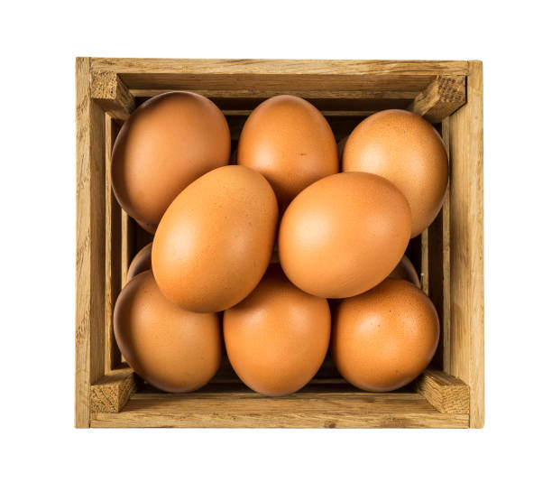 Eggs isolated on white background. Eggs in wooden box isolated. Close-up of an eggs on white background. Brown chicken eggs isolated on white.
