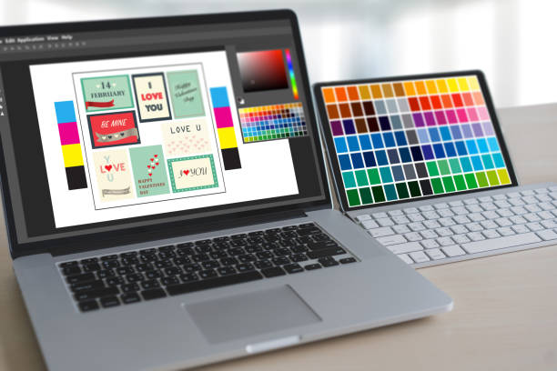 istock Creative Designer Graphic at work. Color swatch samples, Illustrator Graphic designer working digital tablet and computer 1040869264