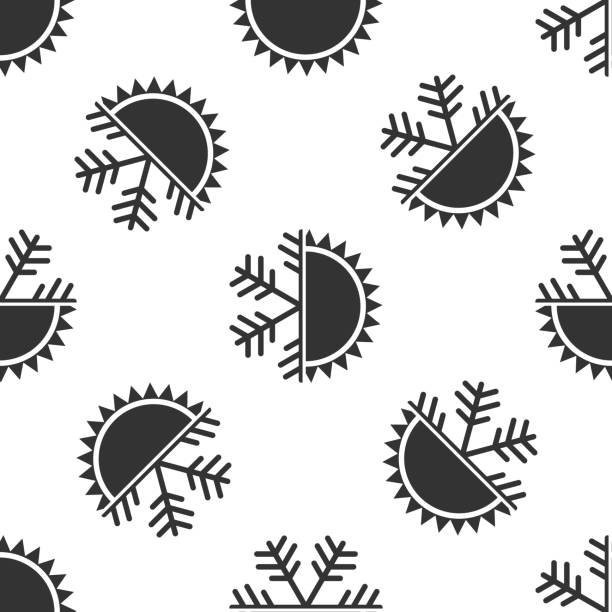 ilustraciones, imágenes clip art, dibujos animados e iconos de stock de símbolo de caliente y frío. el sol y copo de nieve icono de patrones sin fisuras sobre fondo blanco. símbolo de invierno y verano. diseño plano. ilustración de vector - seamless pattern meteorology snowflake