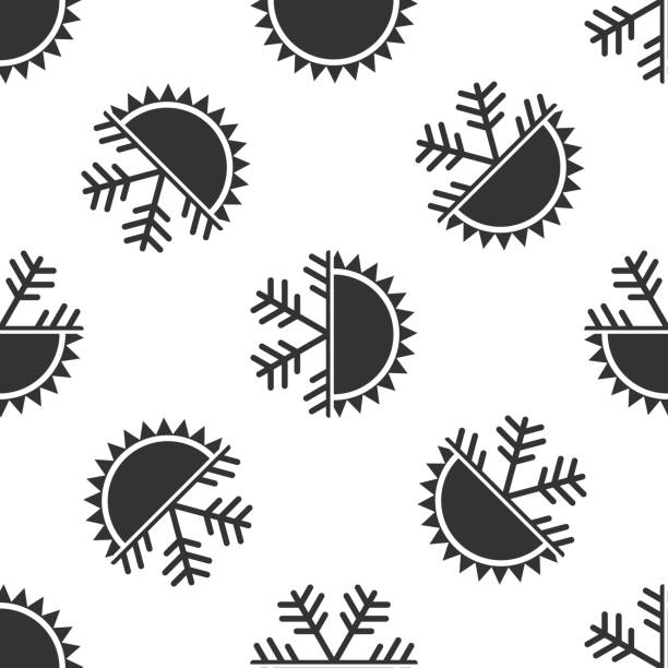 illustrations, cliparts, dessins animés et icônes de symbole de chaud et froid. soleil et flocon de neige icône transparente motif sur fond blanc. symbole d’hiver et d’été. design plat. illustration vectorielle - seamless pattern meteorology snowflake
