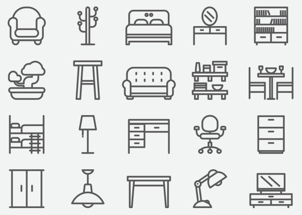 ilustrações de stock, clip art, desenhos animados e ícones de home furniture line icons - door curtain
