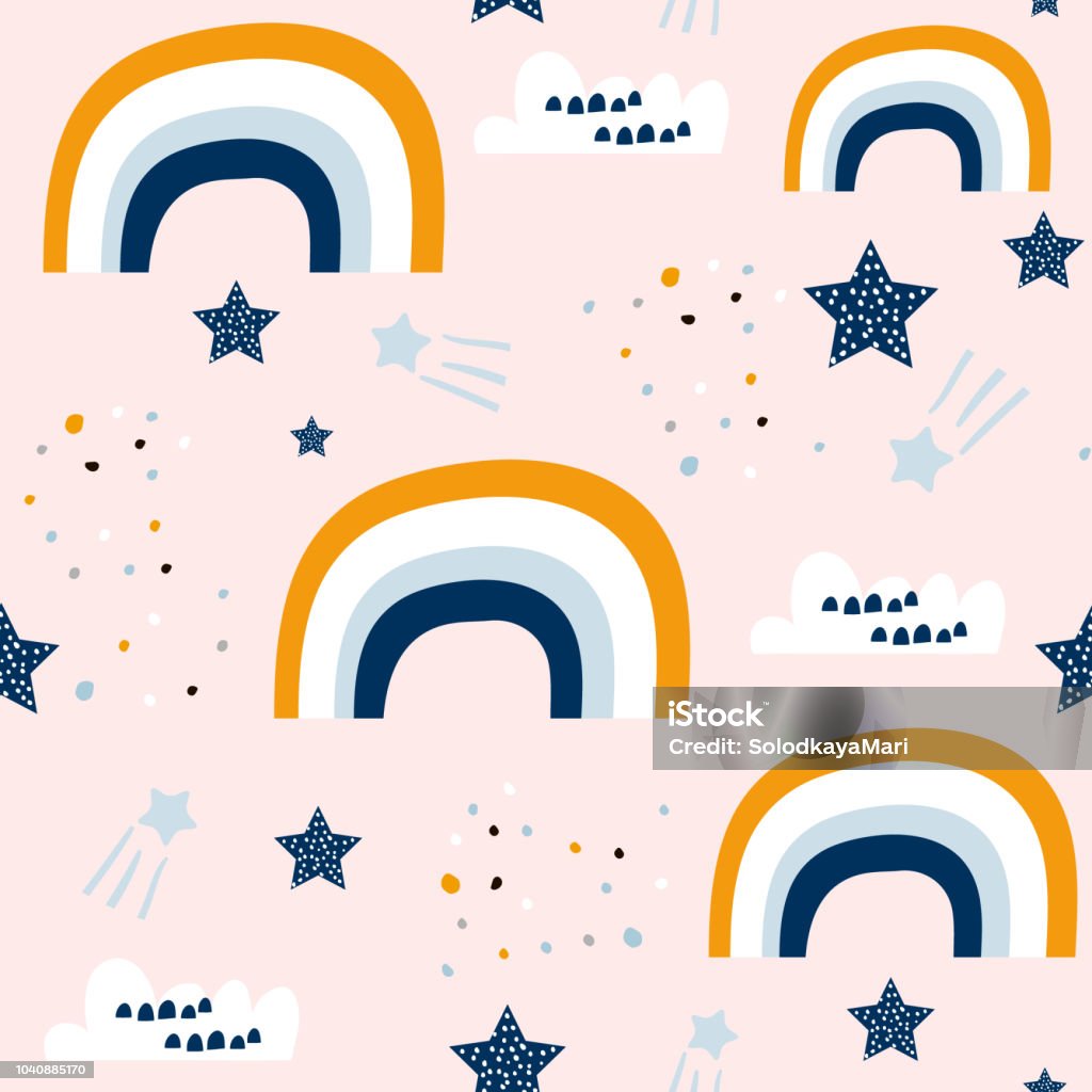 Sans soudure motif enfantin avec joli arc en ciel, les étoiles, les nuages. Texture de créatifs enfants scandinaves pour tissu, emballage, textile, habillement, wallpaper. Illustration vectorielle - clipart vectoriel de Bébé libre de droits