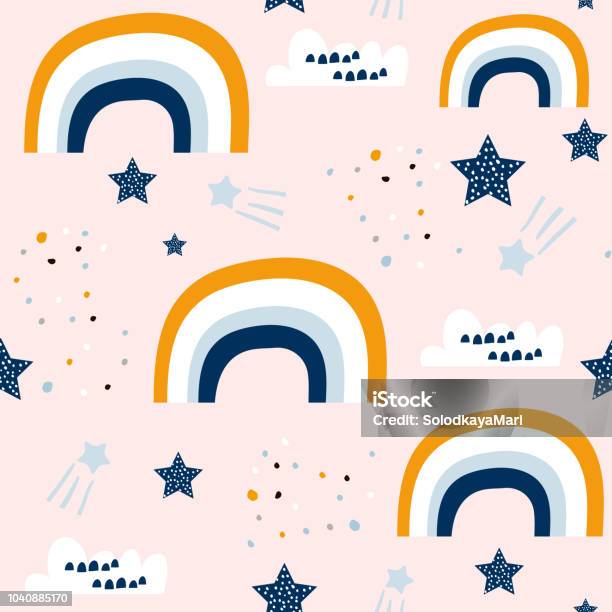 Sans Soudure Motif Enfantin Avec Joli Arc En Ciel Les Étoiles Les Nuages Texture De Créatifs Enfants Scandinaves Pour Tissu Emballage Textile Habillement Wallpaper Illustration Vectorielle Vecteurs libres de droits et plus d'images vectorielles de Bébé