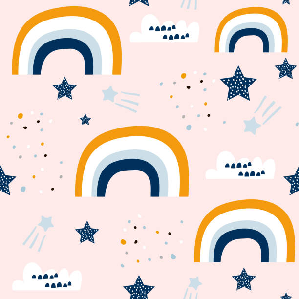 illustrazioni stock, clip art, cartoni animati e icone di tendenza di motivo infantile senza cuciture con arcobaleno carino, stelle, nuvole. texture creativa scandinava per bambini per tessuto, involucro, tessile, carta da parati, abbigliamento. illustrazione vettoriale - child preschool backgrounds baby