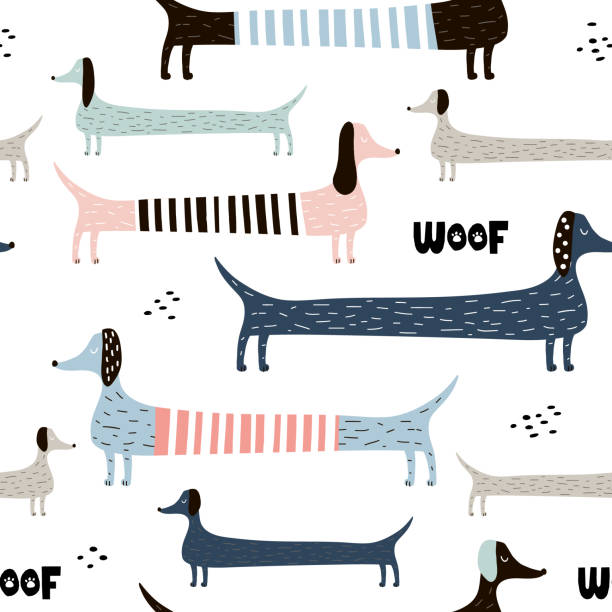 Childish seamless pattern with colorful dachshunds . Trendy scandinavian vector background. Perfect for kids apparel,fabric, textile, nursery decoration,wrapping paper Childish seamless pattern with colorful . Trendy scandinavian vector background. Perfect for kids apparel,fabric, textile, nursery decoration,wrapping paper dachshund stock illustrations